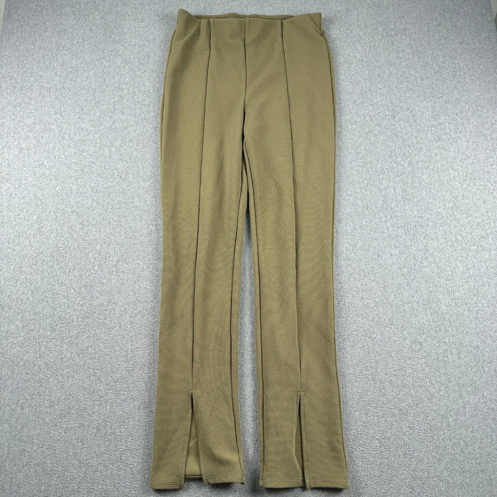 H&M Pants Womens L Ribbed High Rise Olive Green Front Slit Hem Stretch Leggings